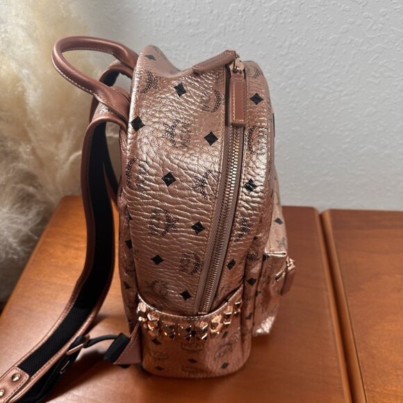 Authentic MCM Visetos Pattern Leather Pink Gold Studded Backpack - Picture 8 of 13